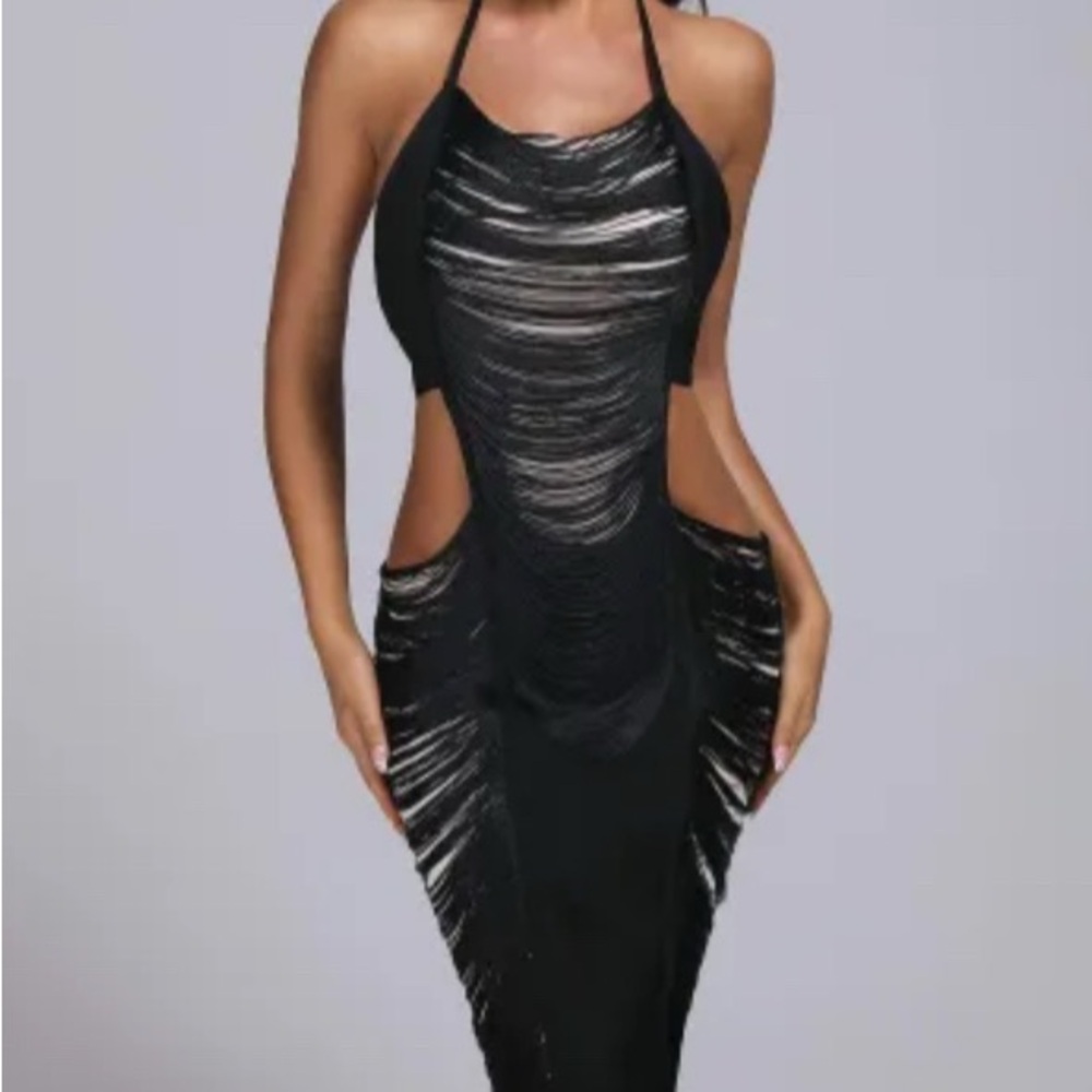 Chic Bella Barnett Cut Out Black and Cream Backless Fringe Dress